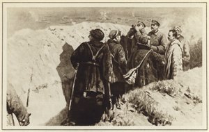 Bolsjevikernas befälhavare Josef Stalin och Kliment Voroshilov i skyttegravarna av Tsaritsyn, ryska inbördeskriget, 1918